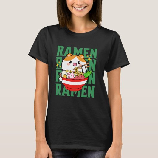 かわいい猫食べ物ラーメン Tシャツ (正面)