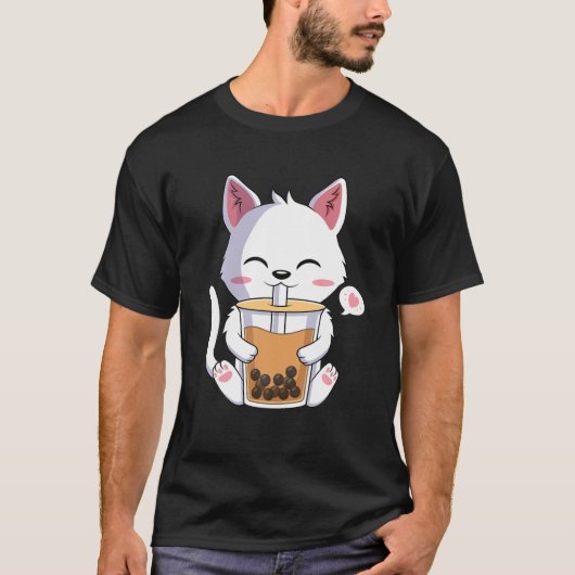 かわいい猫飲みBoba Tea Drink Anime Lover Tシャツ (正面)