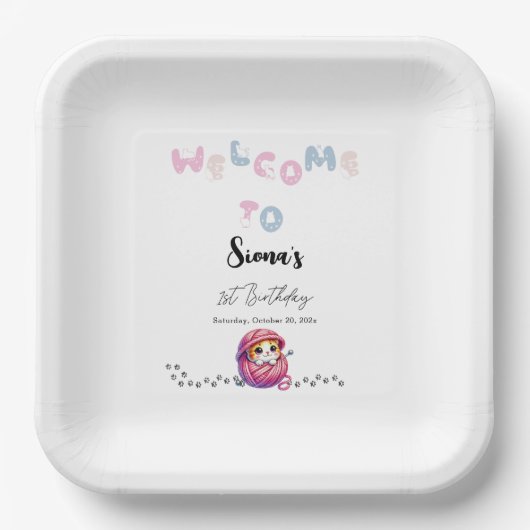 かわいい猫1歳の誕生日パーティー ペーパープレート (正面)