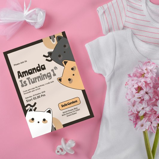 かわいい猫1歳の誕生日招待状 招待状