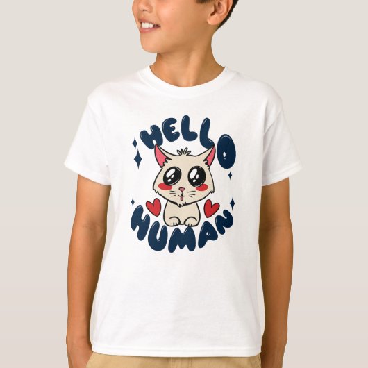 かわいい猫 こんにちは人 Tシャツ (正面)