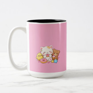かわいい猫+ひよこ+テディベアのかわいいパステルドーナツデザイン ツートーンマグカップ