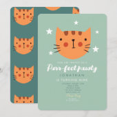 かわいい猫 オレンジ 緑 バースデーパーティー 招待状 (正面/裏面)