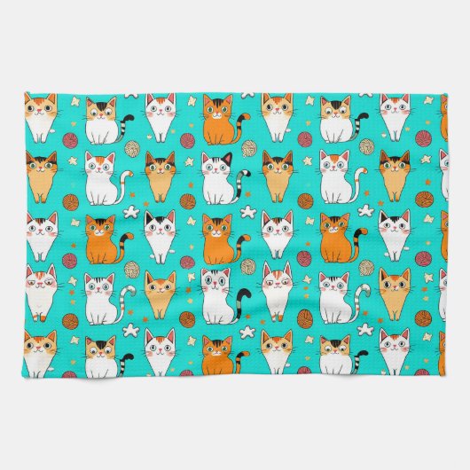 かわいい猫 🐱✨ カラフルな猫の毛糸 遊び心 キッチンタオル (横)