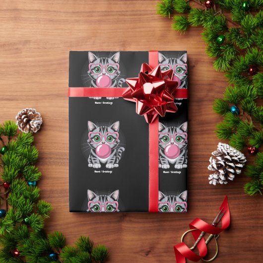 かわいい猫+ガムを食べる+泡を作る+面白い ラッピングペーパー (クリスマスギフト)