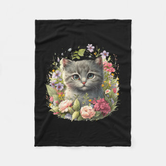 かわいい猫+キュートな子猫+花柄png フリースブランケット