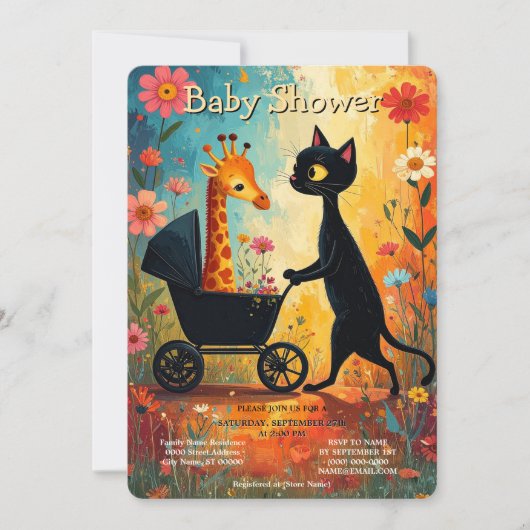 かわいい猫+キリン+ベビーシャワー招待状 招待状 (正面)
