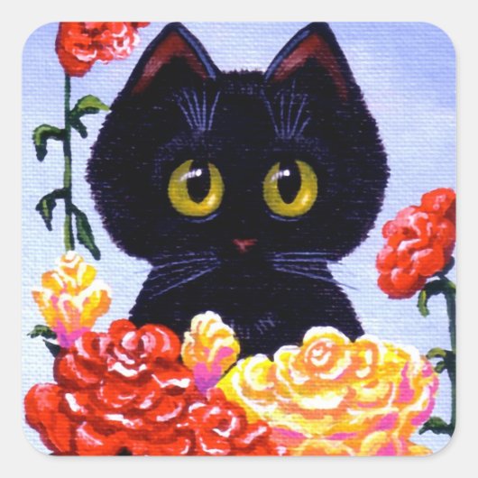 かわいい猫 ステッカー 黒薔薇 花 Creationarts (正面)