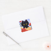 かわいい猫 ステッカー 黒薔薇 花 Creationarts (封筒)