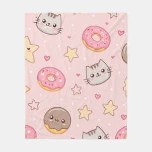 かわいい猫、ドーナツ、星の模様 フリースブランケット