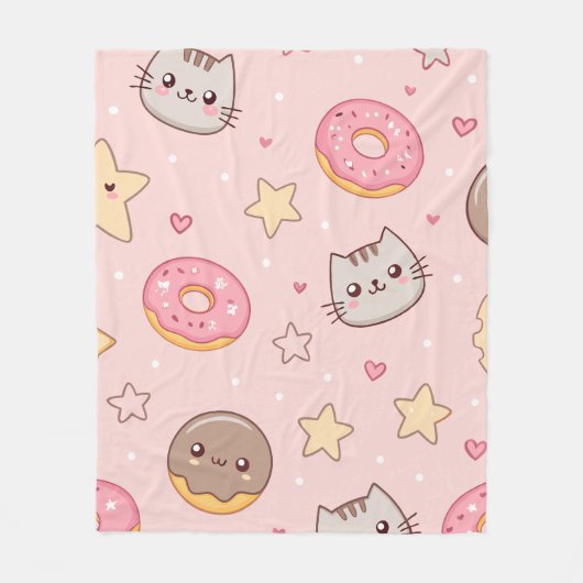 かわいい猫、ドーナツ、星の模様 フリースブランケット (正面)