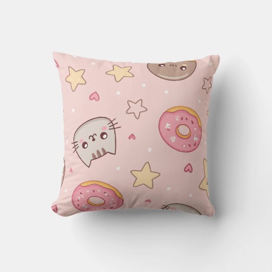 かわいい猫、ドーナツ、星柄 クッション (正面)