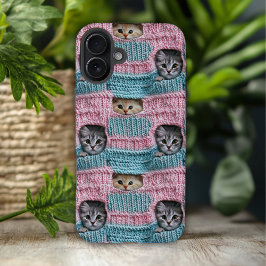 かわいい猫 ピンク ブルー 編み物 ガーリー iPhone 16 PLUSケース