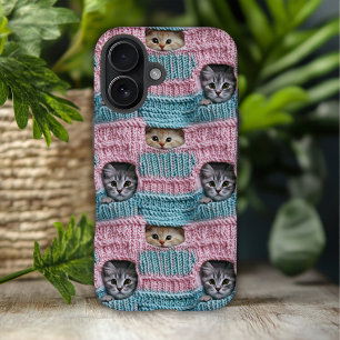 かわいい猫 ピンク ブルー 編み物 ガーリー iPhone 16ケース