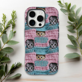 かわいい猫 ピンク ブルー 編み物 フェミニン iPhone 16 PROケース