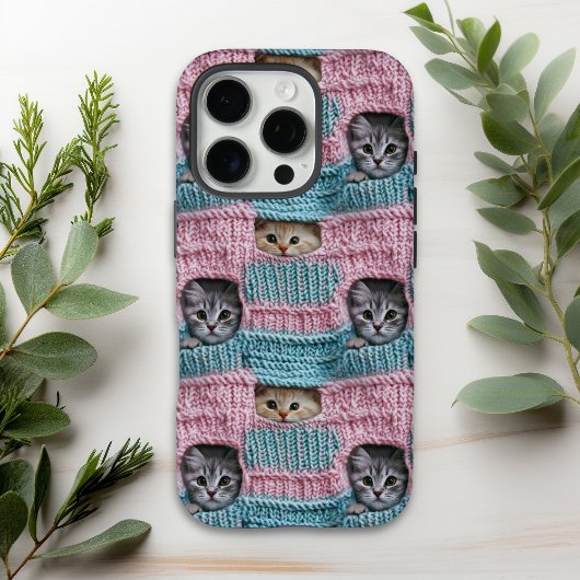 かわいい猫 ピンク ブルー 編み物 フェミニン Case-Mate iPhoneケース
