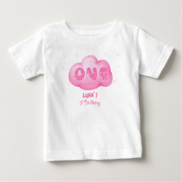 かわいい猫 フォント 水彩 ピンクの雲 1歳の誕生日 ベビーTシャツ