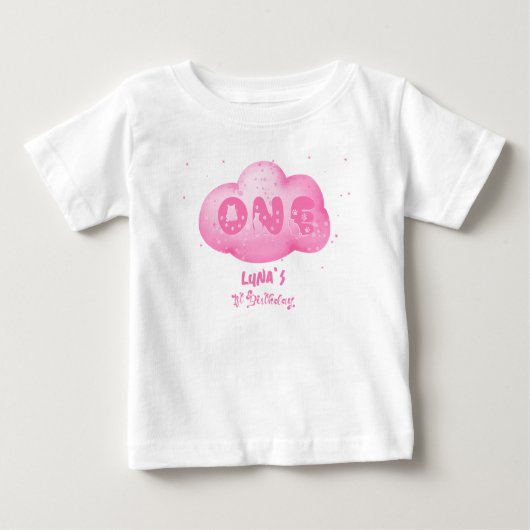 かわいい猫 フォント 水彩 ピンクの雲 1歳の誕生日 ベビーTシャツ (正面)