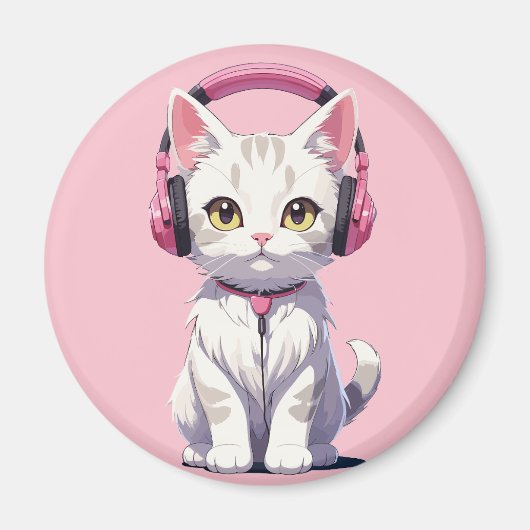 かわいい猫（ヘッドフォン） マグネット (正面)