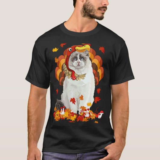 かわいい猫 七面鳥 感謝祭 リーフ Tシャツ (正面)