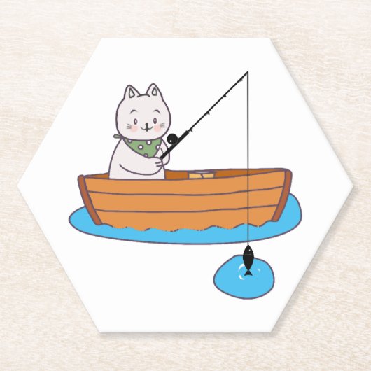 かわいい猫+子猫+釣り竿 ペーパーコースター (正面)
