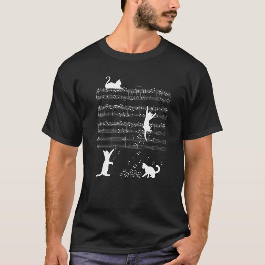かわいい猫 子猫 音符 音楽記号 ピアノ 音楽 Tシャツ (正面)
