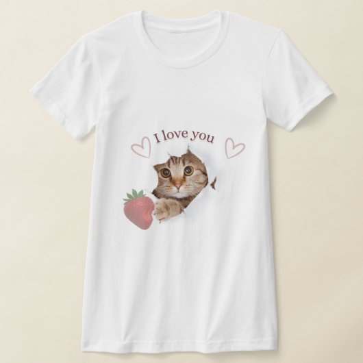 かわいい猫 「愛してる」いちごデザイン Tシャツ (レイダウン)