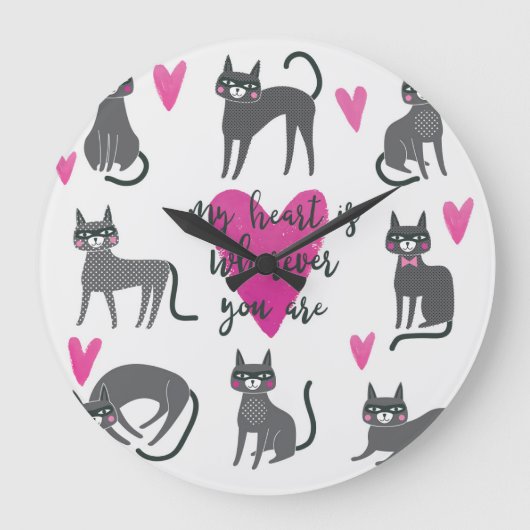 かわいい猫：愛のレタリングイラストレーション。 ラージ壁時計 (正面)