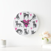 かわいい猫：愛のレタリングイラストレーション。 ラージ壁時計 (ホーム)