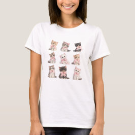 かわいい猫+愛らしいピンクのリボン+子猫 Tシャツ