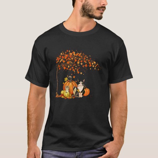 かわいい猫 葉 落ちる 木 こんにちは 秋 感謝祭 Tシャツ (正面)