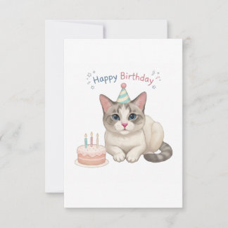 かわいい猫 誕生日 ケーキ パーティーハット サンキューカード
