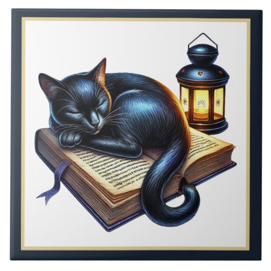 かわいい猫 読書コーナー 図書館 本好き タイル (正面)