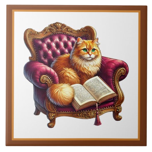 かわいい猫 読書コーナー 図書館 本好き タイル (正面)