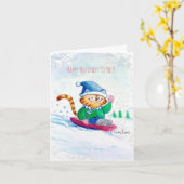 かわいい猫、雪の中にソリ、ホリデー空白のカード カード (黄色い花)