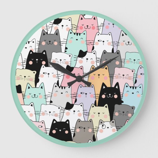 かわいい猫、面白い猫、漫画の猫のパターンの時計 ラージ壁時計 (正面)