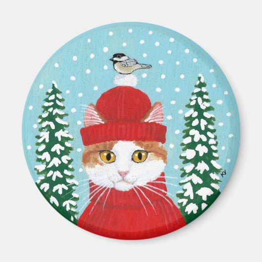かわいい猫、鳥クリスマス冬の雪 マグネット (正面)