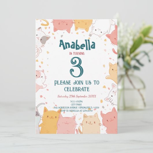 かわいい猫I子供の誕生日パーティー 招待状 (スタンド正面)