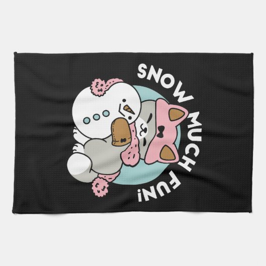 かわいい猫in雪ギアwith雪だるまアート キッチンタオル (横)