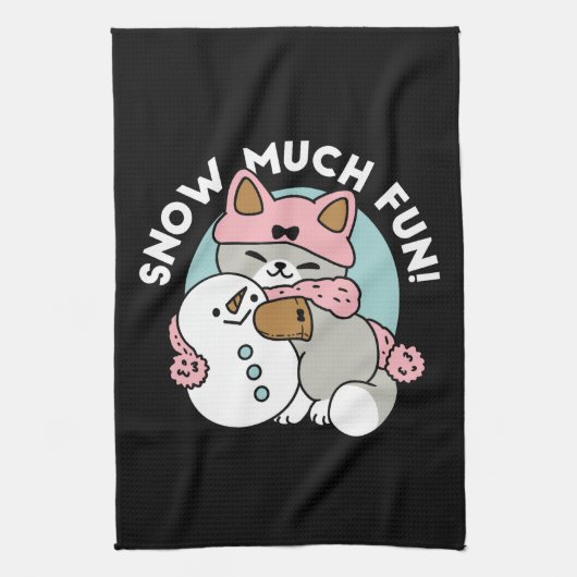 かわいい猫in雪ギアwith雪だるまアート キッチンタオル (縦)