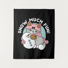 かわいい猫in雪ギアwith雪だるまアート タペストリー