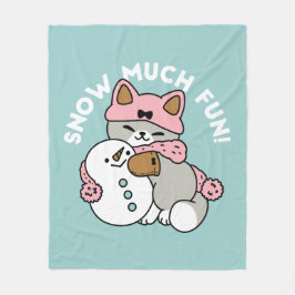 かわいい猫in雪ギアwith雪だるまアート フリースブランケット