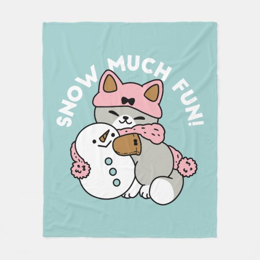 かわいい猫in雪ギアwith雪だるまアート フリースブランケット (正面)
