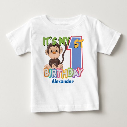 かわいい猿の第1誕生日 ベビーTシャツ (正面)
