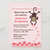 かわいい猿ハートの女の子誕生パーティーの招待 招待状 (正面/裏面)