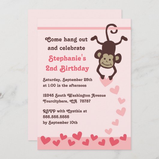 かわいい猿ハートの女の子誕生パーティーの招待 招待状 (正面/裏面)