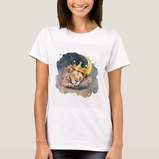 かわいい王ライオンが月に寝そべっている Tシャツ (正面)