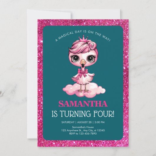 かわいい王冠のフラインゴ誕生日 招待状 (正面)