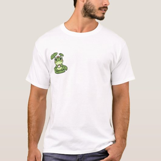 かわいい王冠の緑のカエルがコーヒーを飲んでいる Tシャツ (正面)