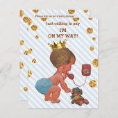 かわいい王子様が電話で金ゴールドのドッストライプトのベビーシャワー 招待状 (正面/裏面)